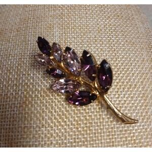Vintage Leaf Stem Brooch Pin Purple Stones